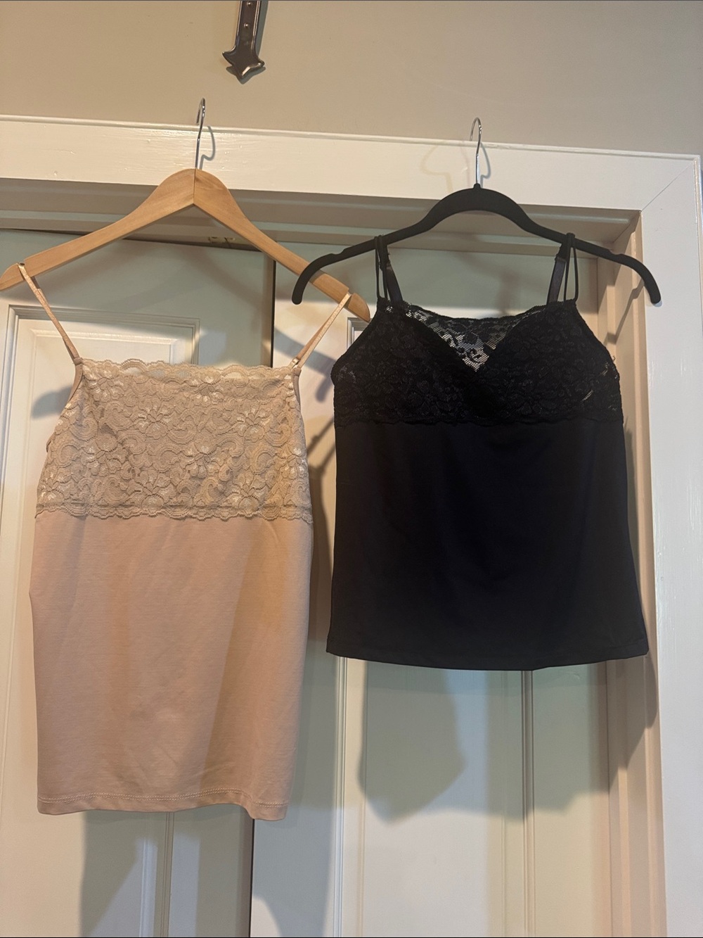 Lace-Trim Cami Tank Top Pair - Black & Beige